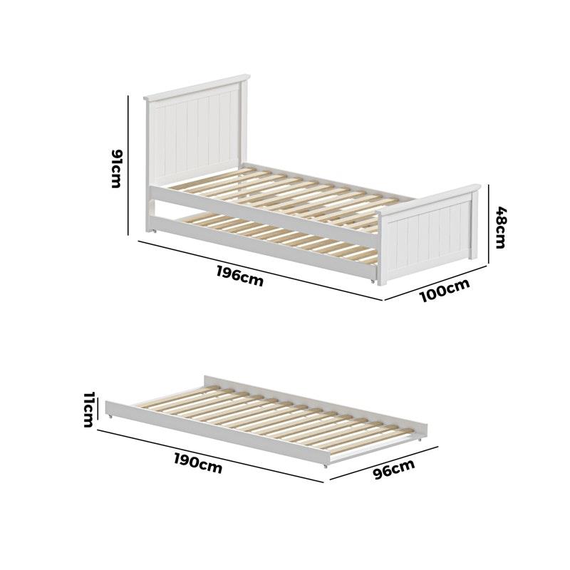 Oikiture Trundle Bed Frame Single Size - Space-Saving Wooden Daybed in White