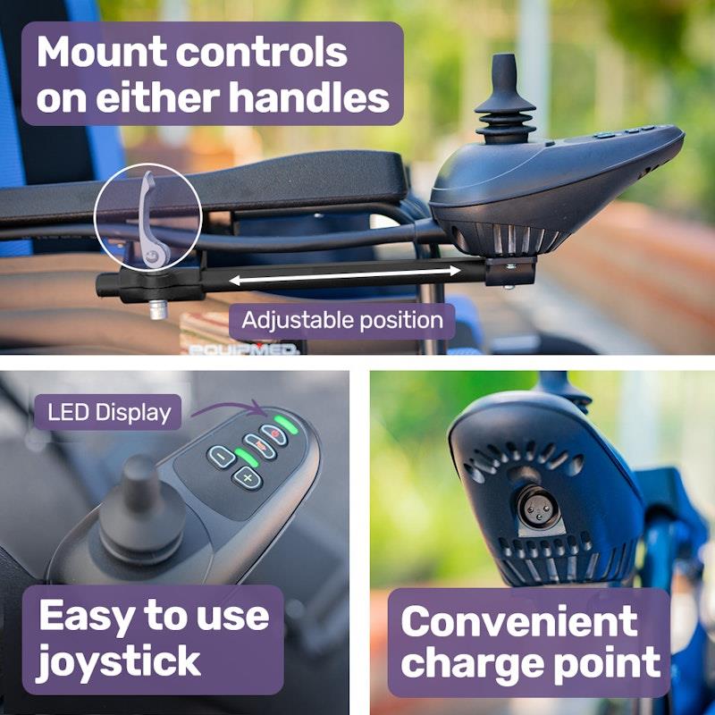 Equipmed Power Electric Wheelchair - Longrange for S-XL (16" Wheels, Black & Blue)