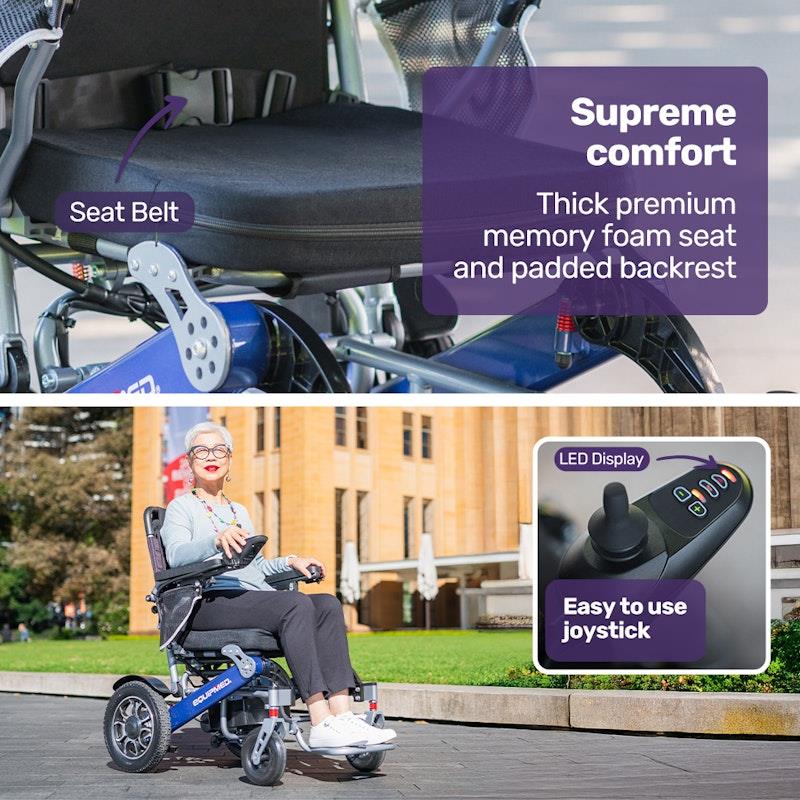 Equipmed Power Electric Wheelchair - Long Range, Airline Approved, Folding, Aluminium Frame - Blue