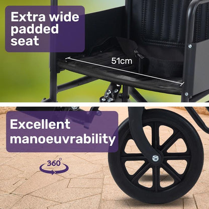 Equipmed Folding Transit Manual Wheelchair For S-XL Black - Comfort and Convenience