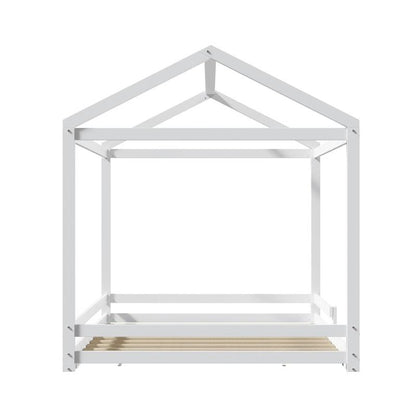 Oikiture Kids Wooden Bed Frame Timber House Beds Base with Fence Double White-Auzzi Store
