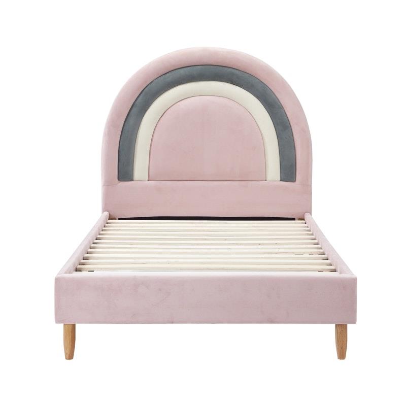 Oikiture Rainbow Kids Bed Frame - Single Size Velvet Pink