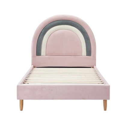 Oikiture Rainbow Kids Bed Frame - Single Size Velvet Pink