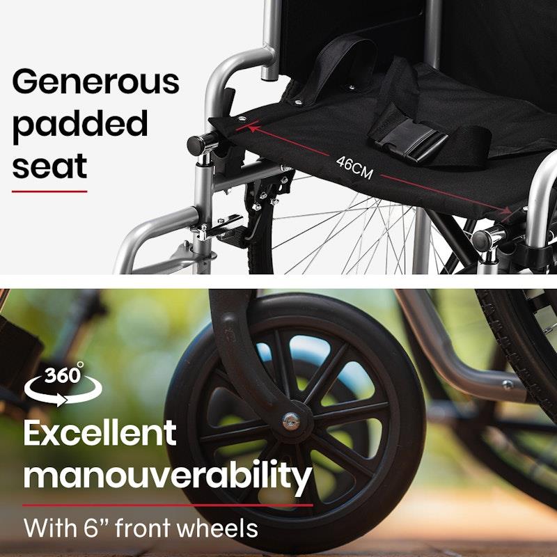 Equipmed 24 Inch Folding Wheelchair with Park Brakes - Grey