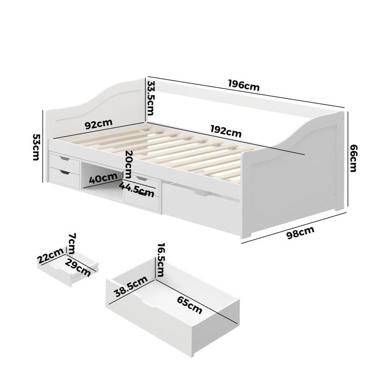 Oikiture Kids Day Bed Frame with Trundle & Storage Drawers - White-Auzzi Store