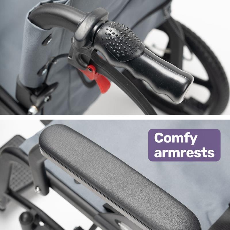 Equipmed Folding Transit Wheelchair Lightweight Grey - Smart Travel Companion