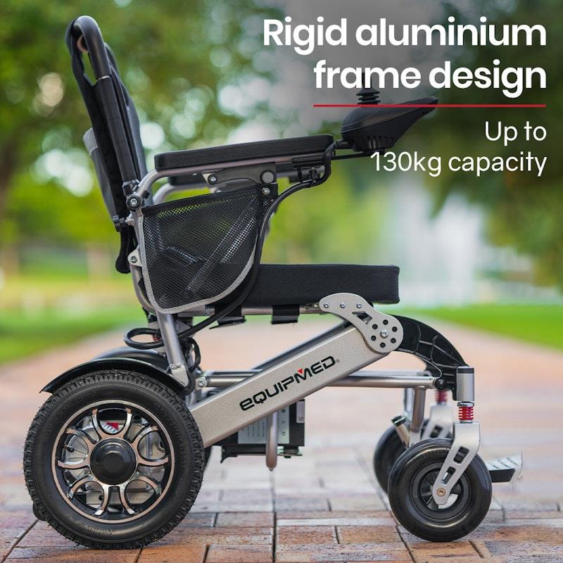 Equipmed Power Electric Wheelchair - Airline Approved, Lightweight, Folding, Long Range - Black & Silver