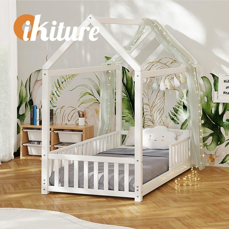 Oikiture Corie House Bed Frame for Kids - Wooden Timber Single