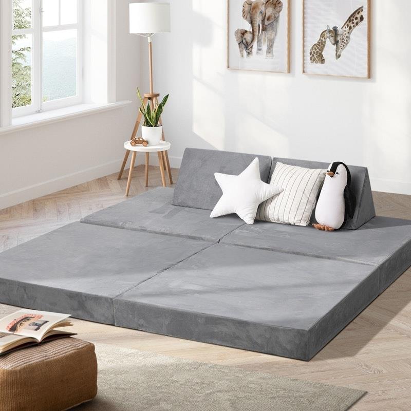 Oikiture Kids Sofa Play Couch Modular Lounge Cushion Convertible Playset - Grey (4 Pieces)