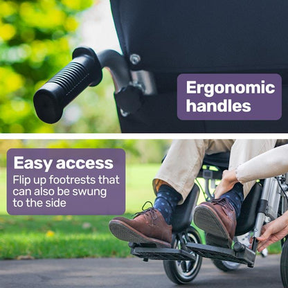 Equipmed Power Electric Wheelchair - Longrange for S-XL (16" Wheels, Black & Blue)