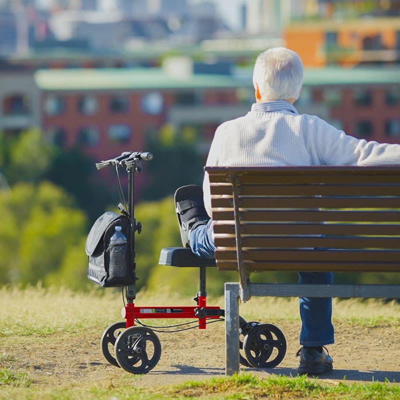 Equipmed Knee Scooter Walker with Dual Brakes & Bag - Red