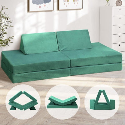 Oikiture 4-Piece Kids Play Couch Modular Lounge Cushion Convertible Playset - Green