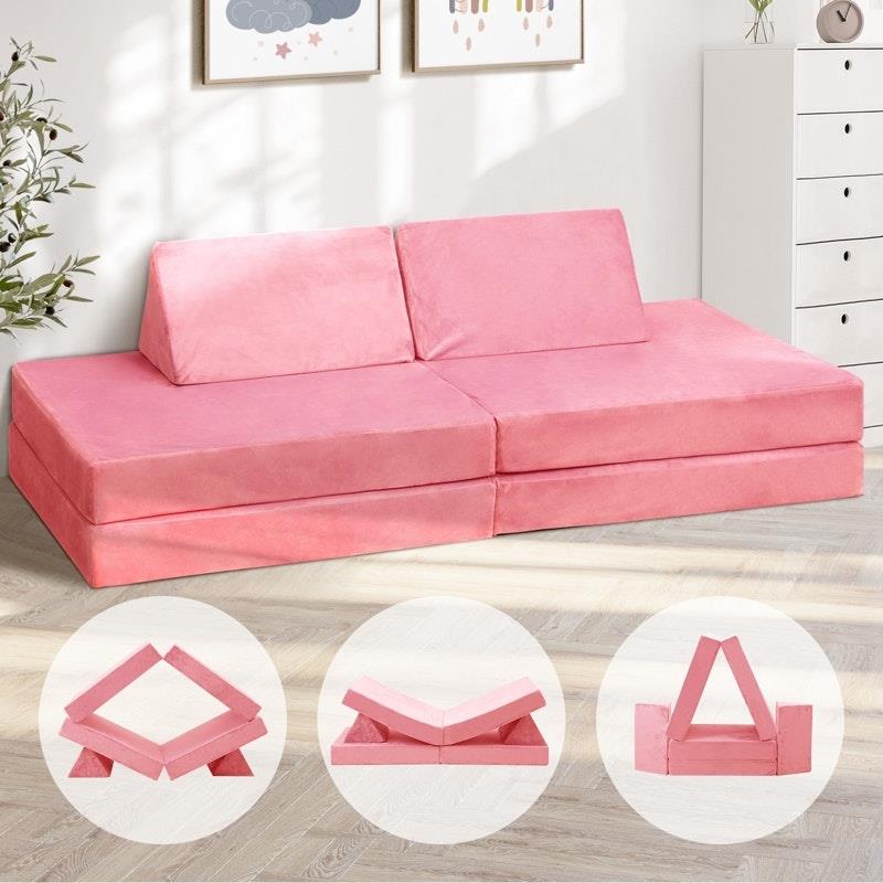 Oikiture 4-Piece Kids Play Couch Modular Lounge Cushion Convertible Playset - Pink