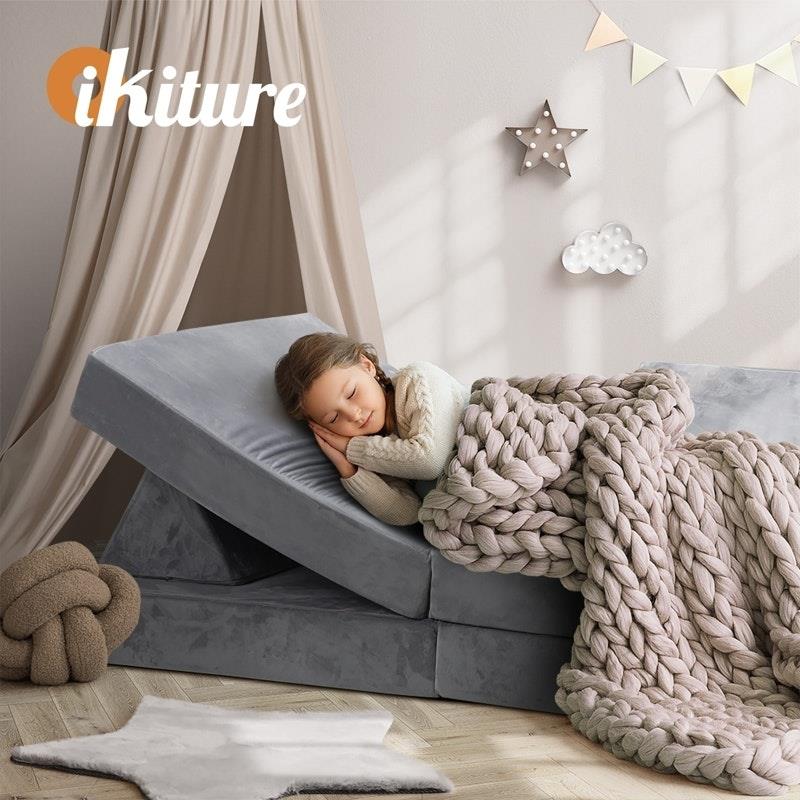 Oikiture Kids Sofa Play Couch Modular Lounge Cushion Convertible Playset - Grey (4 Pieces)