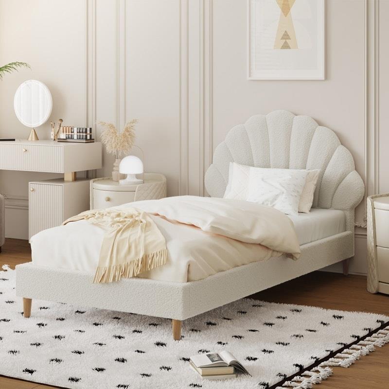 Oikiture Single Size Scallop-Shape Bed Frame with Boucle Upholstery - White-Auzzi Store