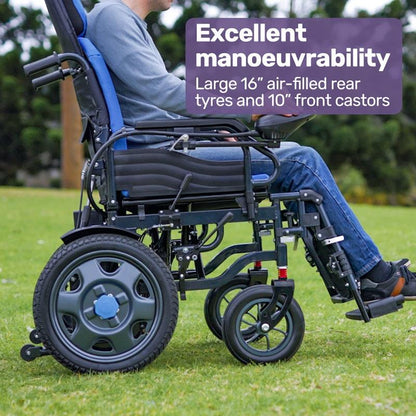 Equipmed Power Electric Wheelchair - Longrange for S-XL (16" Wheels, Black & Blue)