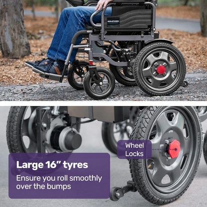 Equipmed Electric Folding Wheelchair - Wide Bariatric Seat, Comfortable for S-XL, Long Range Lithium Battery - Black