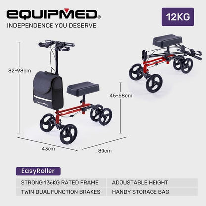 Equipmed Knee Scooter Walker with Dual Brakes & Bag - Red