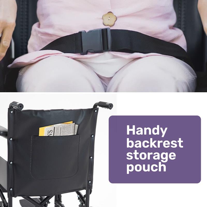 Equipmed Folding Transit Manual Wheelchair For S-XL Black - Comfort and Convenience