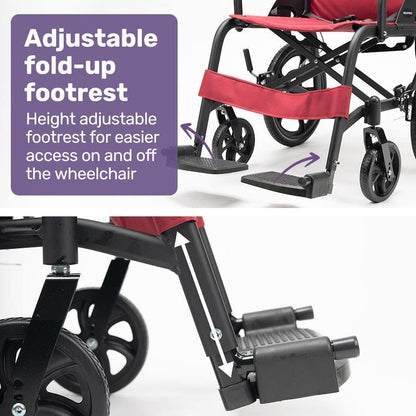 Equipmed Folding Transit Wheelchair Lightweight Red - Your Reliable Travel Partner