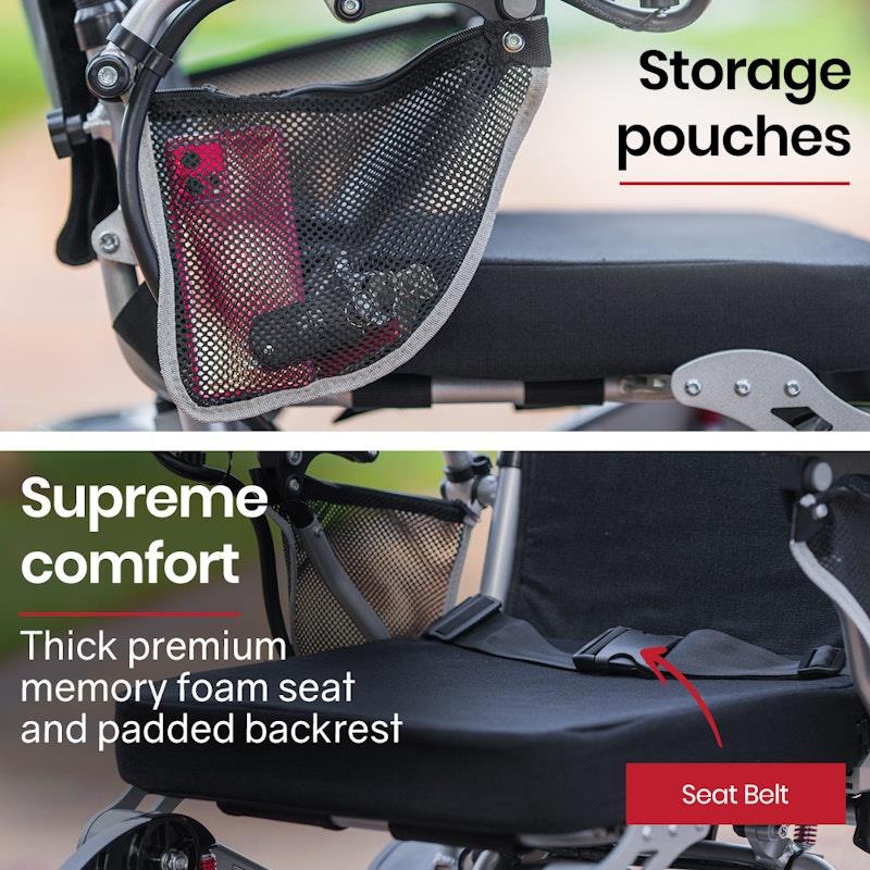 Equipmed Power Electric Wheelchair - Airline Approved, Lightweight, Folding, Long Range - Black & Silver