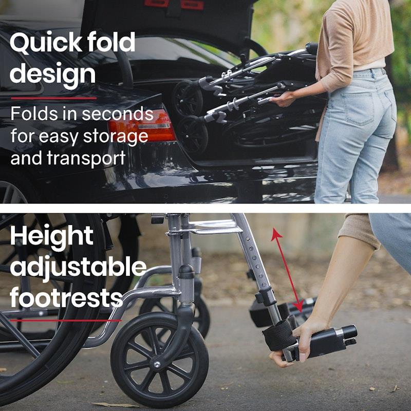 Equipmed 24 Inch Folding Wheelchair with Park Brakes - Grey