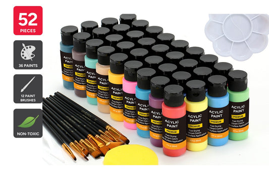 52 Piece Acrylic Paint Set with Wooden Brushes (36 Paints)