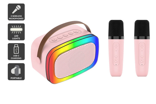 Mini Karaoke Machine with 2 Wireless Microphones (Pink) - Auzzistore