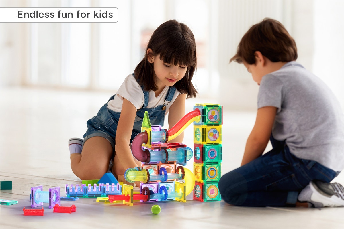 158 Piece Magnetic Building Tile and Marble Run Set