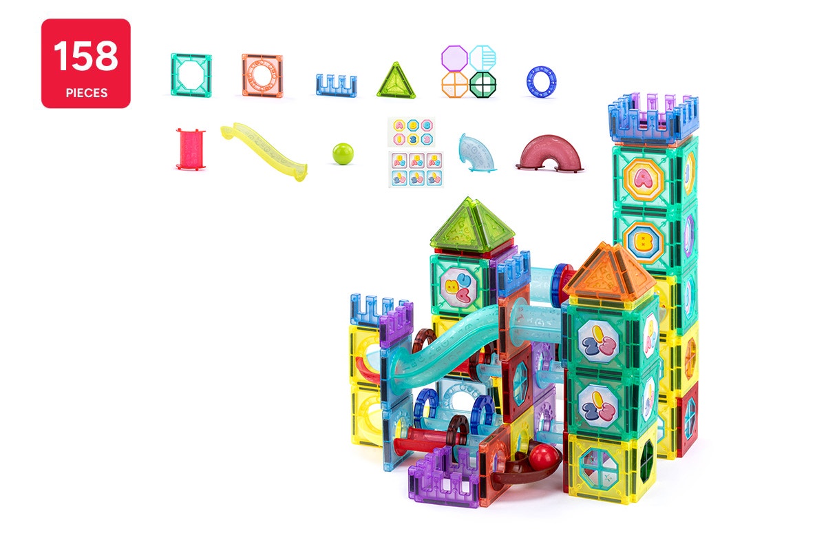 158 Piece Magnetic Building Tile and Marble Run Set