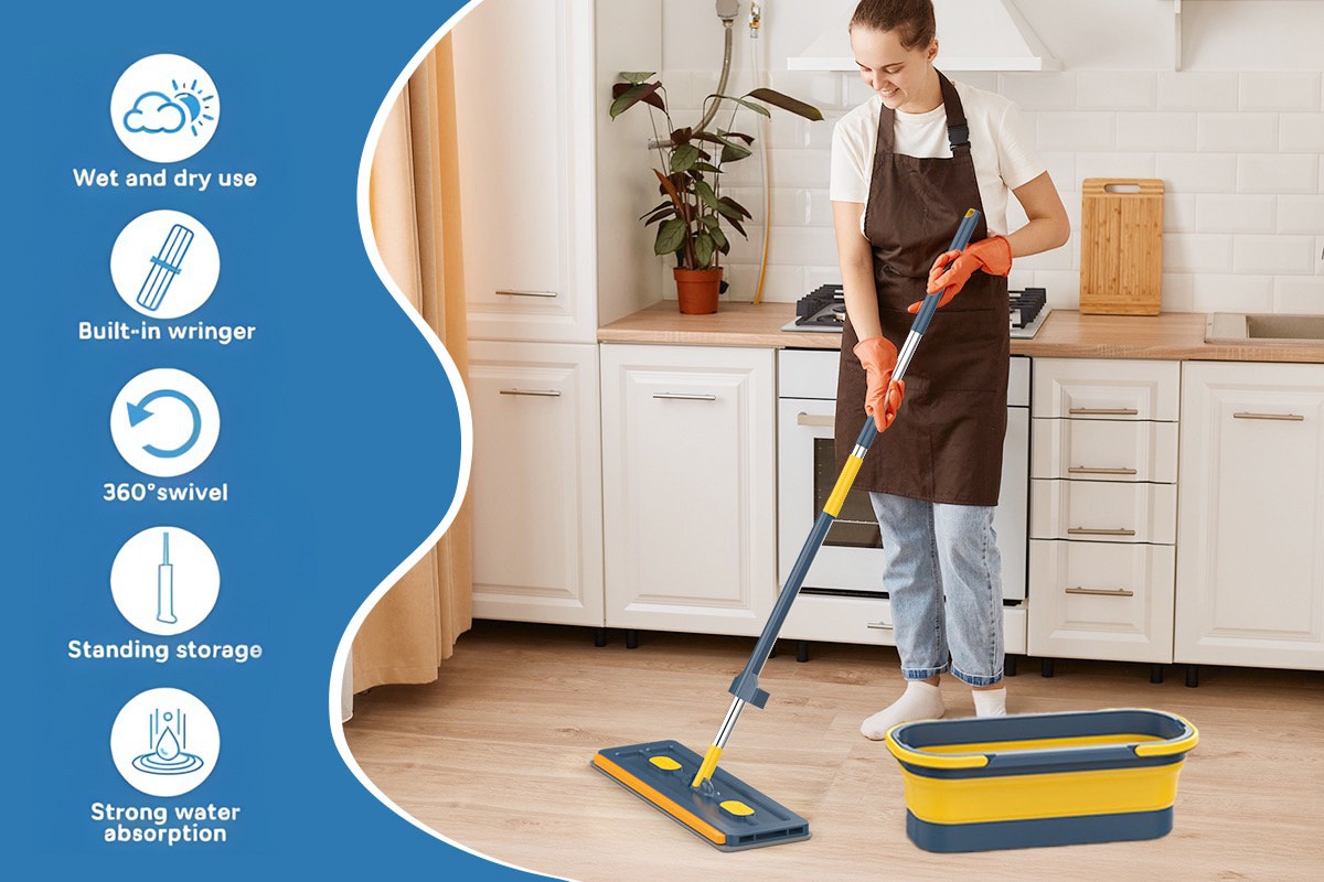 Self-Wringing Flat Mop with Collapsible Bucket