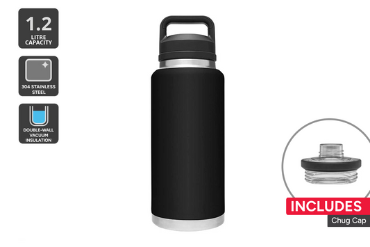 1.2L Stainless Steel Insulated Water Bottle with Chug Cap (Black) - Auzzistore