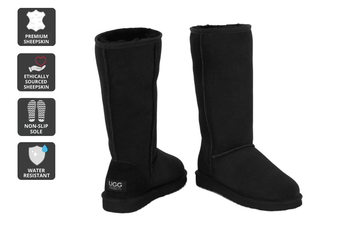 Outback UGG Unisex Premium Double Face Sheepskin Long Classic Boots  - Black