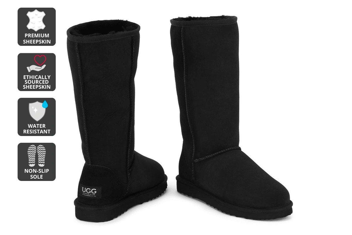 Outback UGG Unisex Premium Double Face Sheepskin Long Classic Boots (Black)