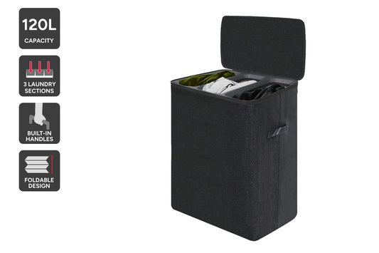 Ovela 120L Laundry Separation Basket with Lid - 3 Sections (Dark Grey)