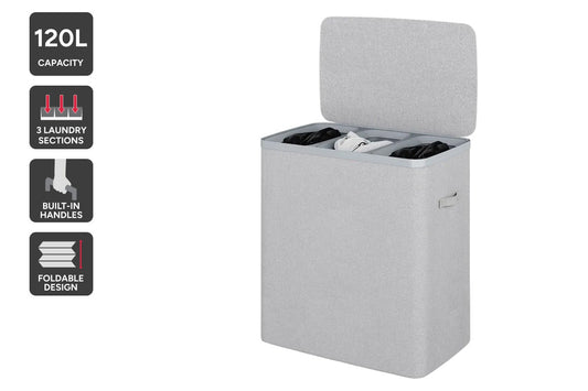Ovela 120L Laundry Separation Basket with Lid - 3 Sections (Light Grey)