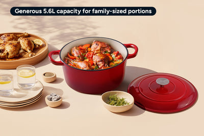 Ovela 5.6L Red Cast Iron Casserole for Hearty Family Meals