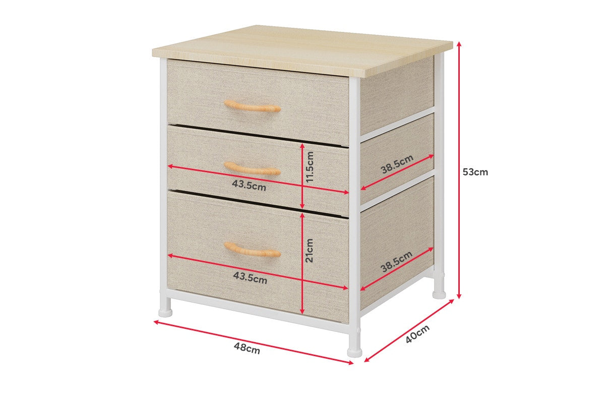 Ovela 3 Drawer Nightstand Bedside Table - Beige