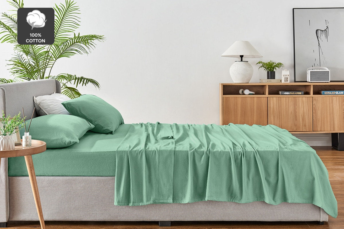 Ovela 150GSM Cotton Flannelette Bed Sheet Set (Iceberg Green, Single)