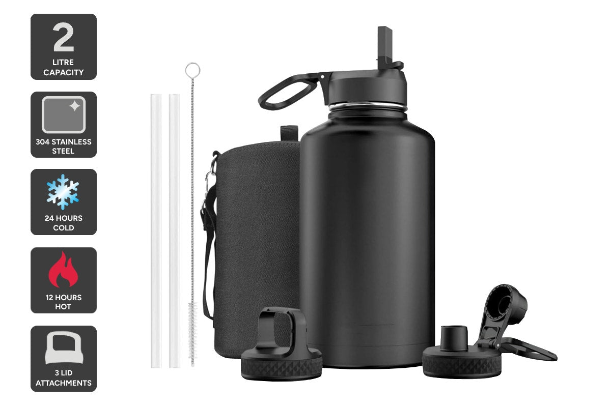 Ovela 2L Insulated Stainless Steel Water Bottle with 3 Lid Attachments