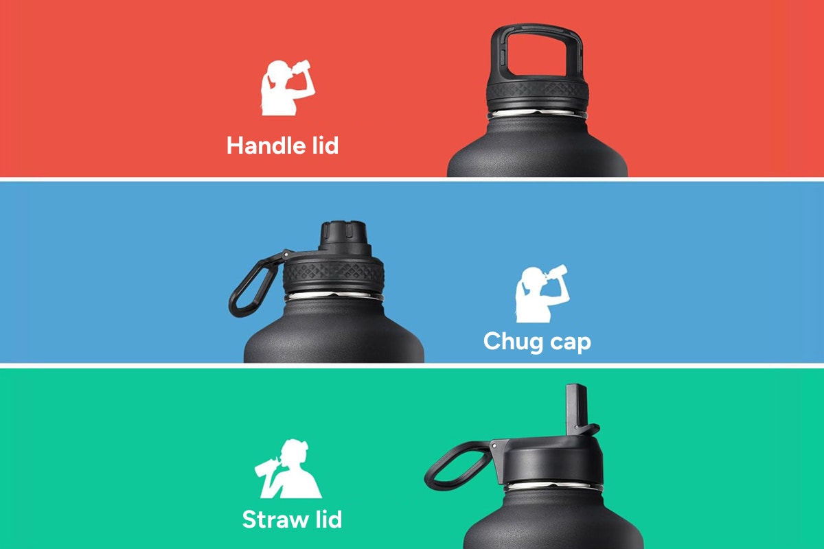 Ovela 2L Insulated Stainless Steel Water Bottle with 3 Lid Attachments
