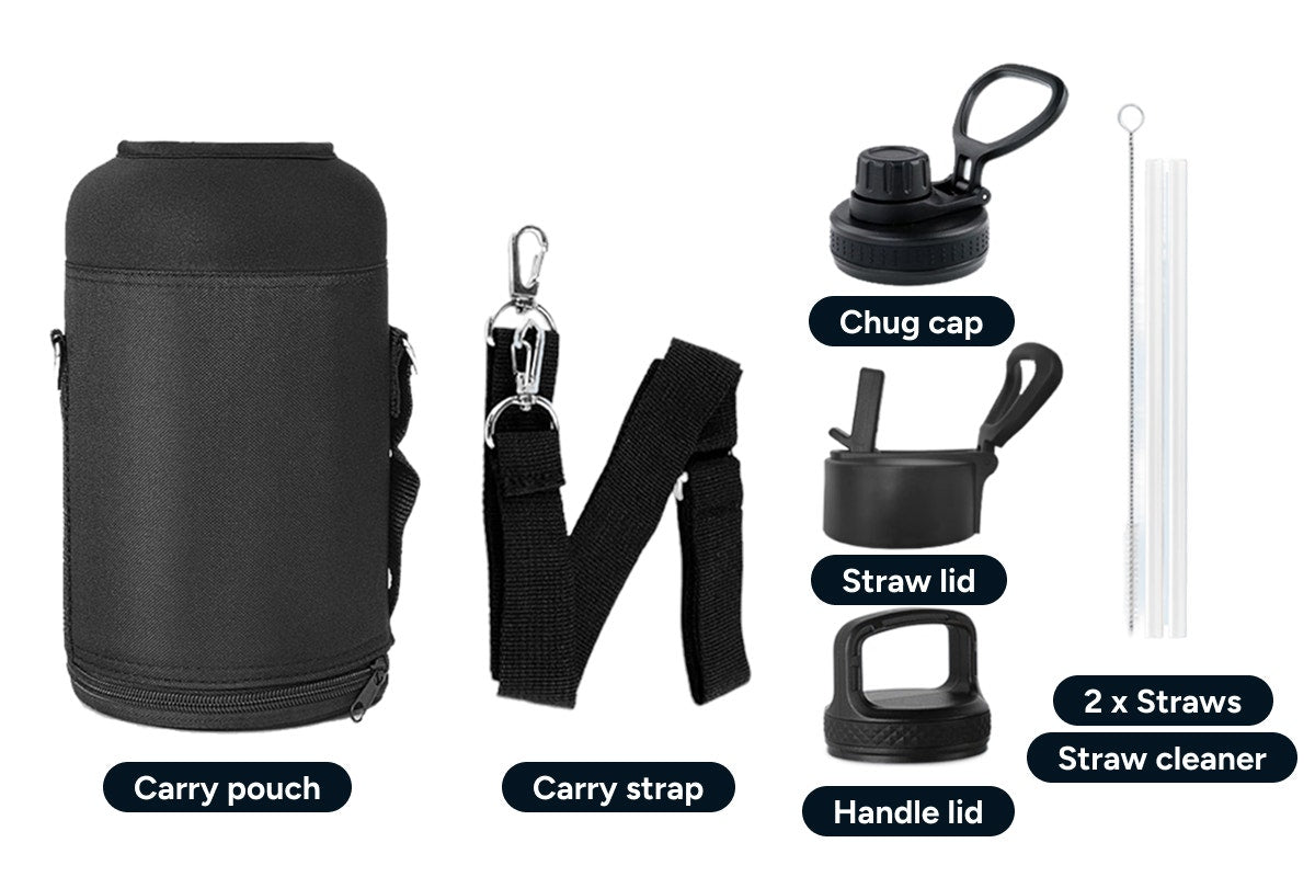 Ovela 2L Insulated Stainless Steel Water Bottle with 3 Lid Attachments