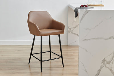 Ovela Set of 2 Paige Faux Leather Bar Stools - Tan PU/Black