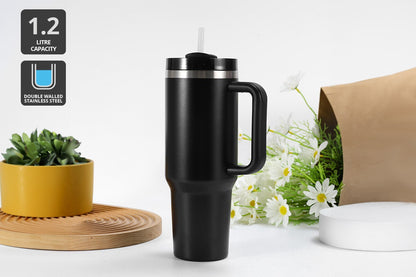 1.2L Stainless Steel Insulated Tumbler with Straw  - Black)