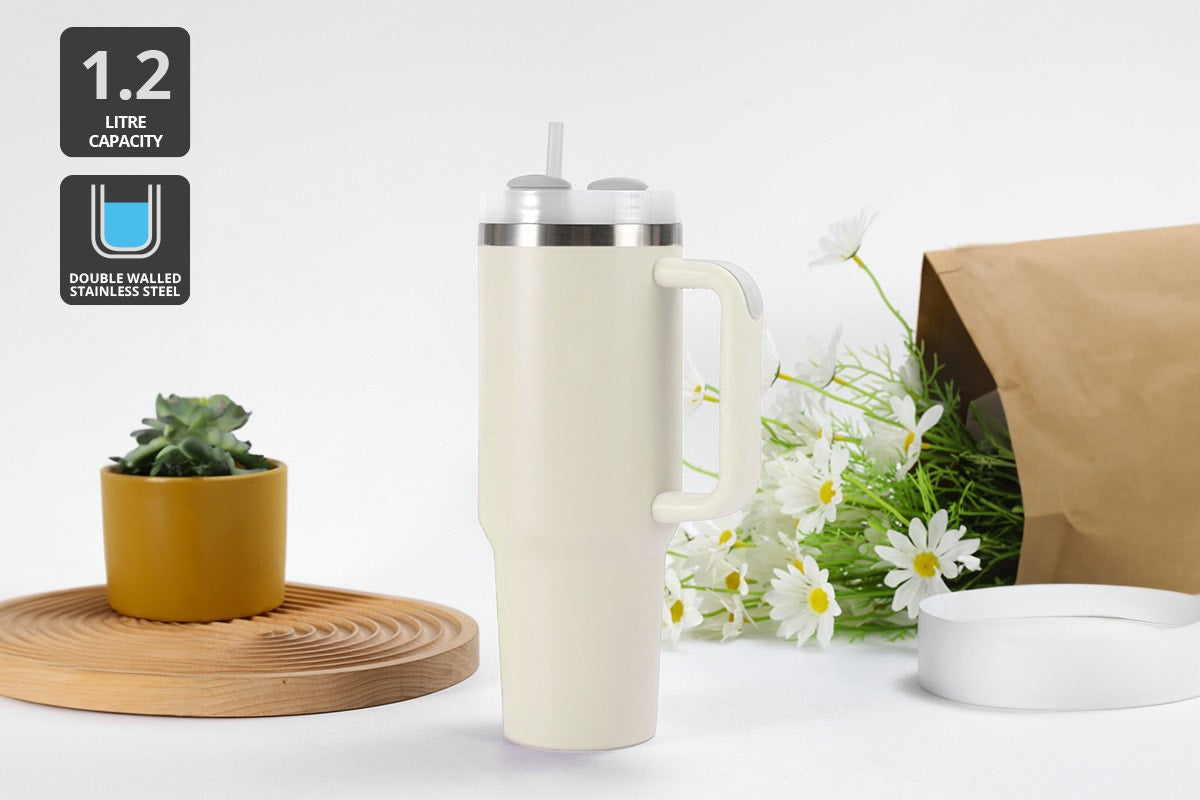 1.2L Stainless Steel Insulated Tumbler with Straw  - Cream)