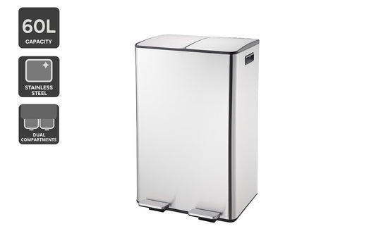 Ovela 60L Dual Compartment Pedal Rubbish Bin (Stainless Steel)