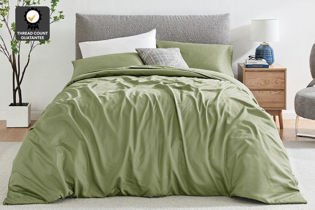 Ovela 1200TC Cotton Quilt Cover Set  - Oiled Green; Single)