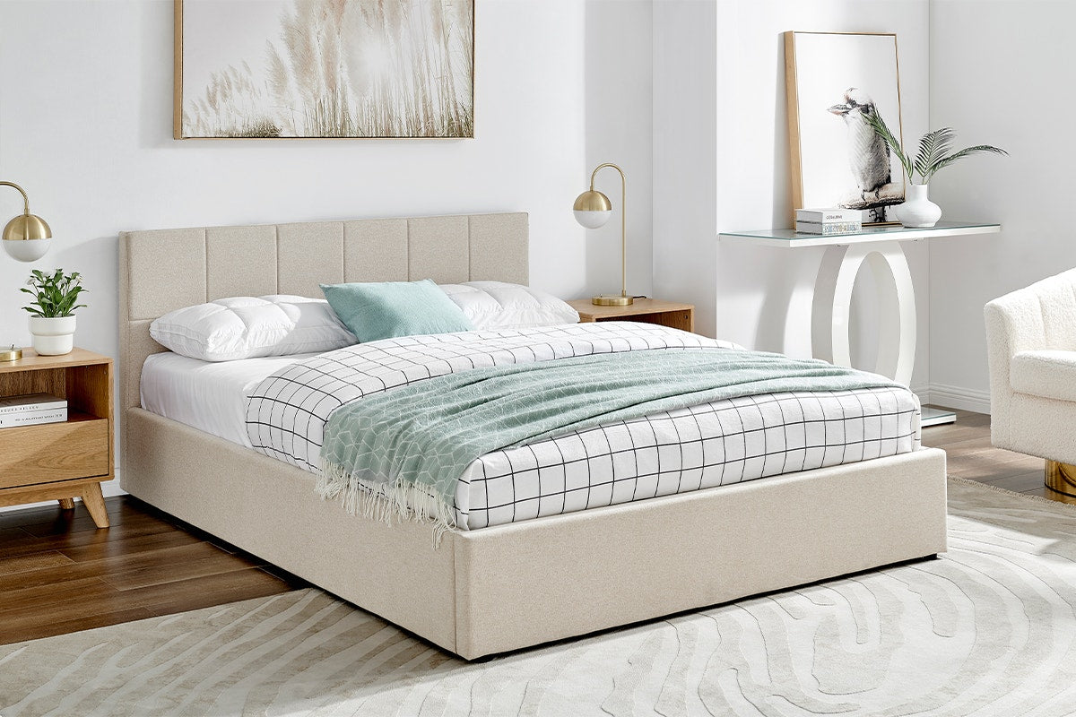 Ovela Theodore Gas Lift Bed Frame (Queen Beige)