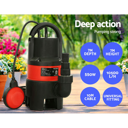 Giantz 550W Submersible Pump for Dirty Water, 10500l/h, 35mm Solid Passage, 8m Depth