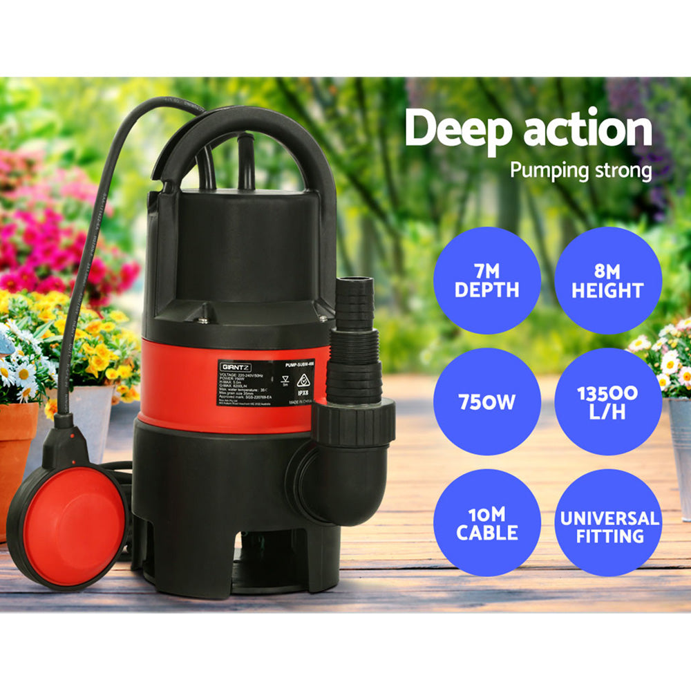 Giantz 750W Submersible Dirty Water Pump, 13500L/h, 8m Depth, 35mm Solids